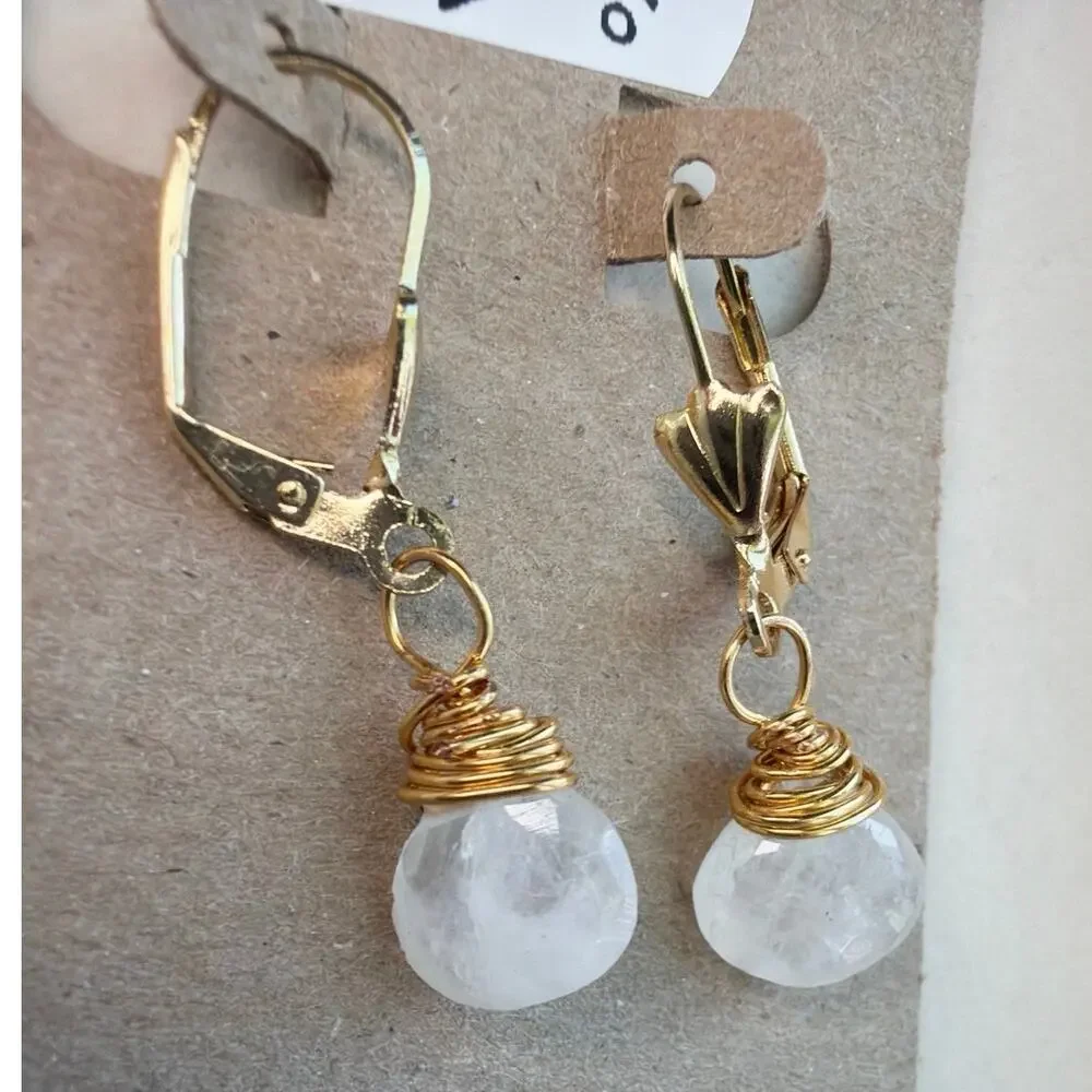 Rainbow Moonstone Drop Earrings, Wire Wrapped, 18K Gold Plated Leverbacks